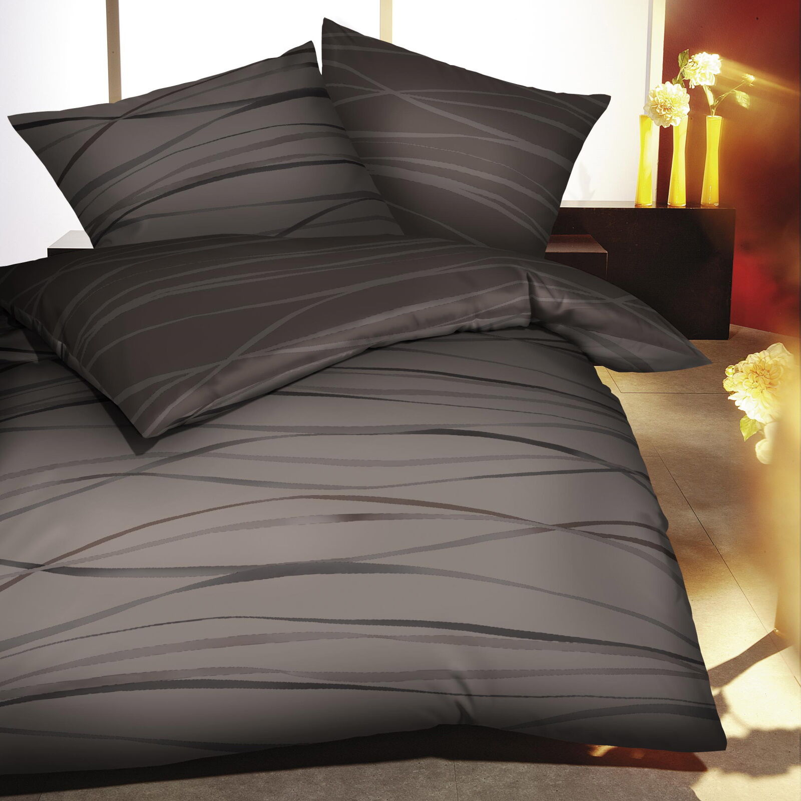 Mako Satin Bettwäsche Braun Wellen